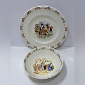 Royal Doulton Bunnykins At The Post Office Bowl & Swinging Boats Plate 1936